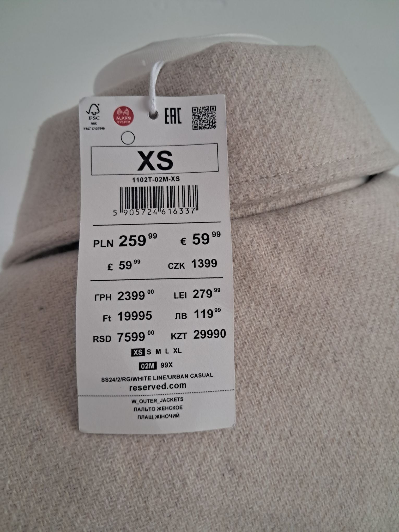 Płaszcz Dwurzędowy z Wełną Reserved XS - Nowy z Metką (Przybrudzenie)